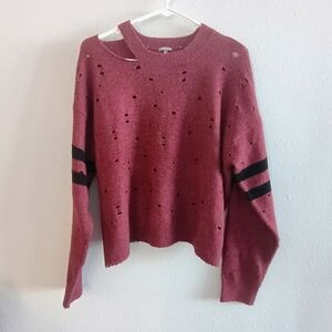 Charlotte Russe Burgundy Distressed Sweater with Black Stripes